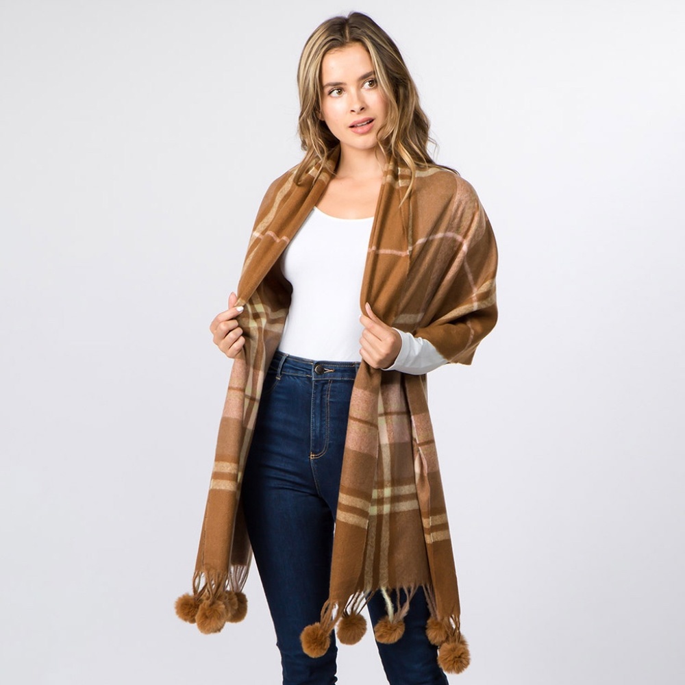 Pom Pom Tassel Plaid Scarf